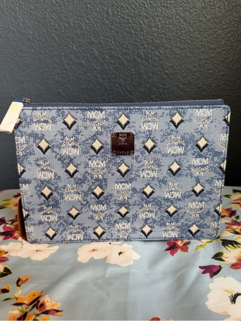 MCM Denim Light Blue and White Monogram  with Silver Plaque Clutch/Crossbody.